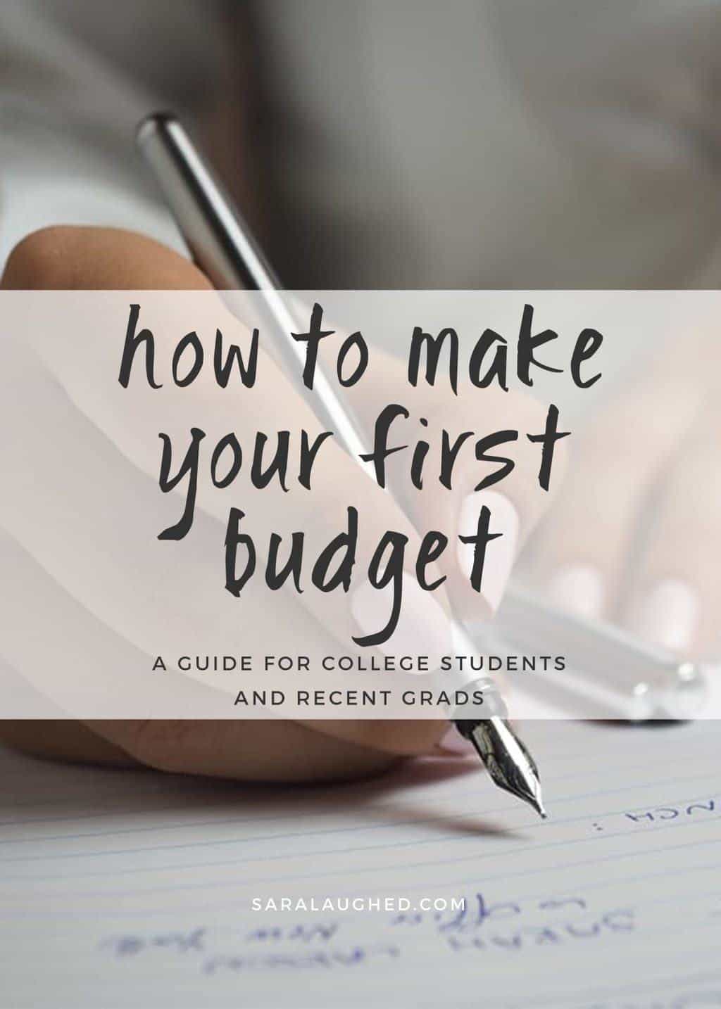 The cover photo for the post, featuring a hand taking notes in a notebook, with the overlayed text, "How to Make Your First Budget: A Guide for College Students and Recent Grads" - Sara Laughed